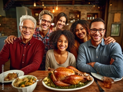 A Happy Family Christmas or Thanksgiving Dinner with Roasted Turkey