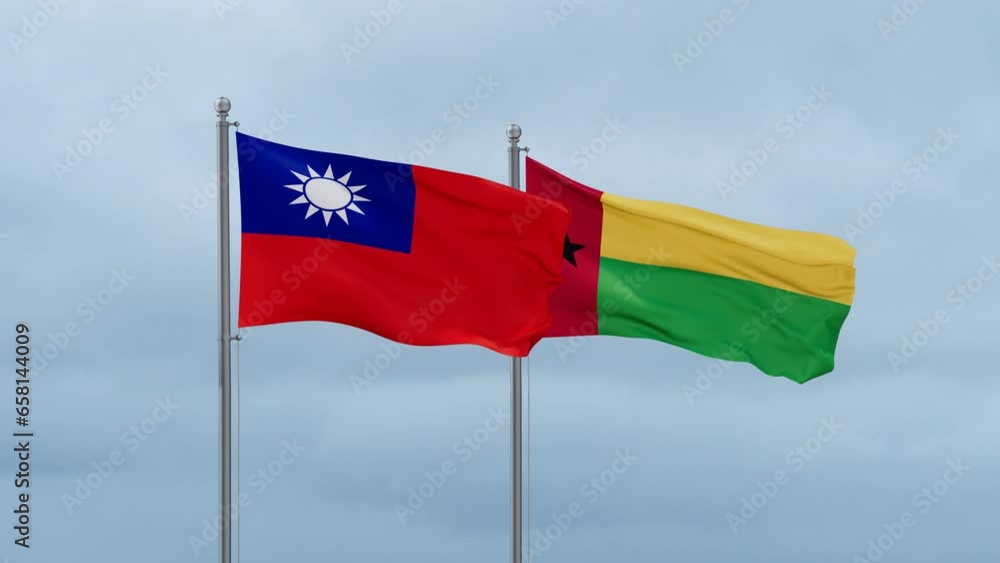 Guinea-Bissau flag and Taiwan flag waving together on cloudy sky, endless seamless loop, two country relations concept Guinea-Bissau flag and Taiwan flag waving together on cloudy sky, endless seamless loop, two country relations concept