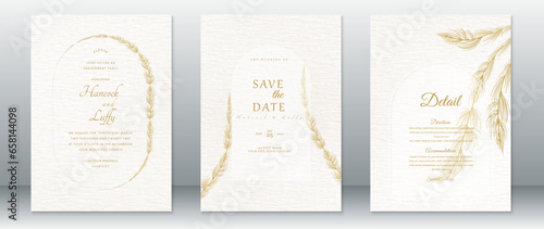 Golden wedding invitation card template luxury design with gold leaf wreath frame and watercolor background