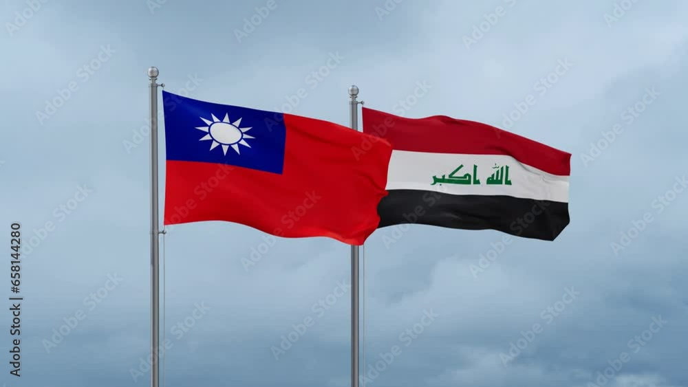 Iraq flag and Taiwan flag waving together on blue sky, looped video Iraq flag and Taiwan flag waving together on blue sky, looped video