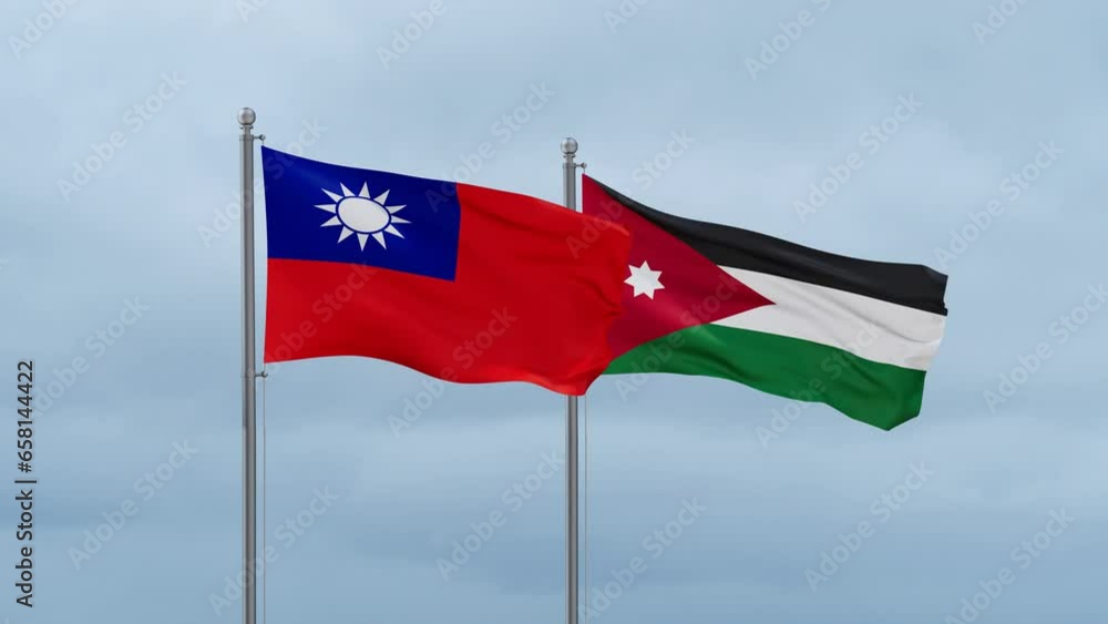 Jordan flag and Taiwan flag waving together on cloudy sky, endless seamless loop, two country relations concept Jordan flag and Taiwan flag waving together on cloudy sky, endless seamless loop, two country relations concept