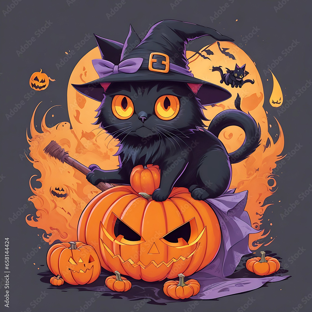 A colorful cute black cat on a plumkin A colorful cute black cat on a plumkin