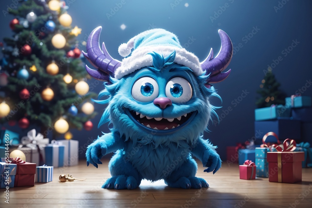 Cute blue christmas monster 3D cartoon character. Generative Ai.