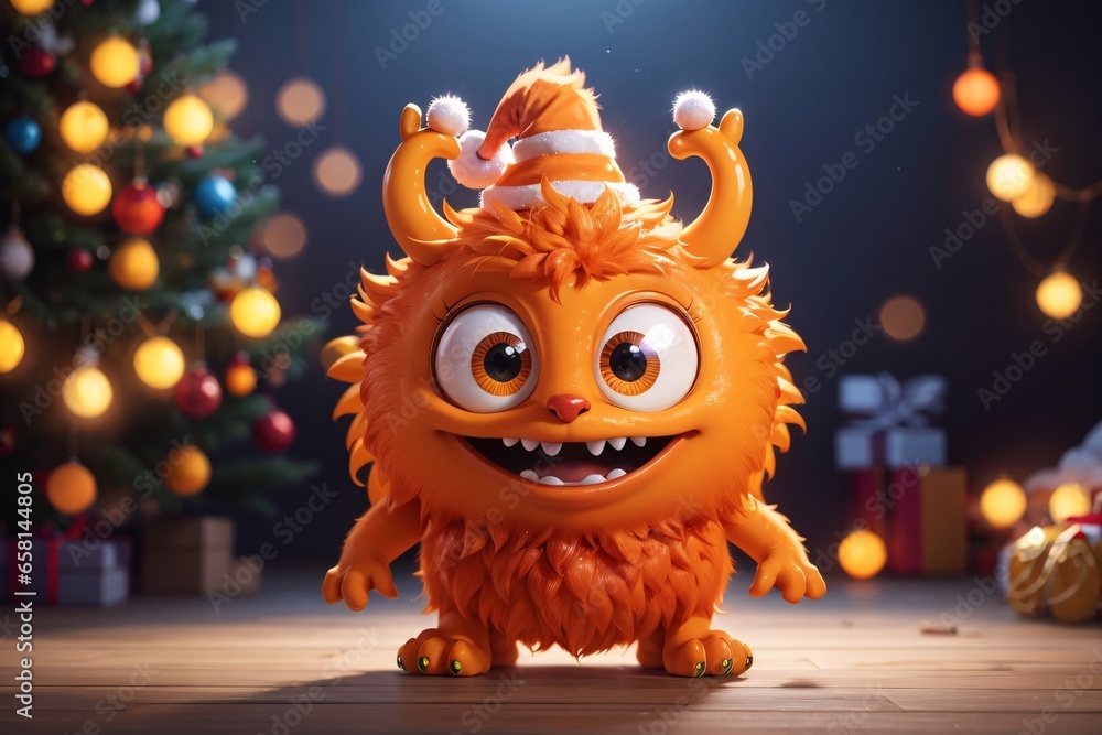 Cute orange christmas monster 3D cartoon character. Generative Ai.