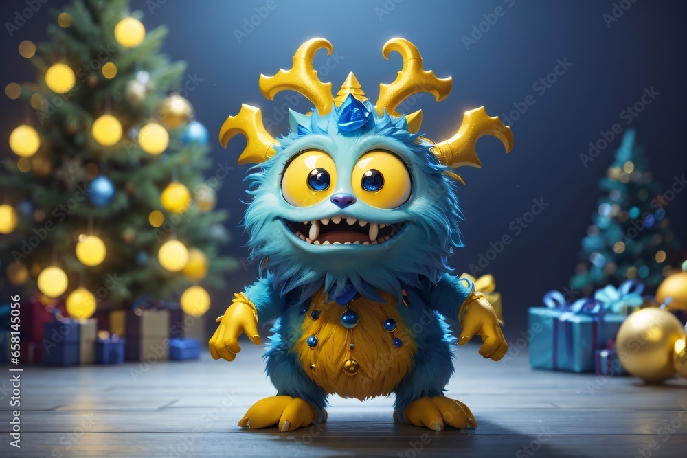 Cute blue christmas monster 3D cartoon character. Generative Ai. Cute blue christmas monster 3D cartoon character. Generative Ai.