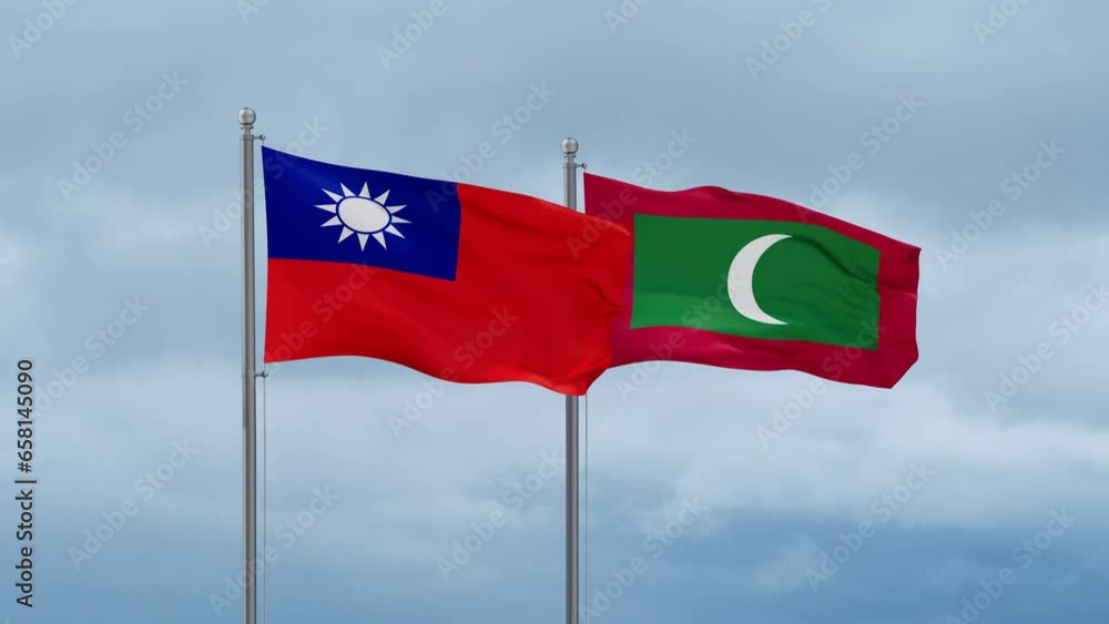 Maldives flag and Taiwan flag waving together on cloudy sky, endless seamless loop, two country relations concept Maldives flag and Taiwan flag waving together on cloudy sky, endless seamless loop, two country relations concept