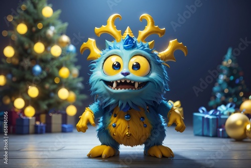 Cute blue christmas monster 3D cartoon character. Generative Ai.