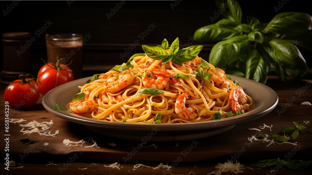 Composition with plate of tasty pasta with shrimps on wooden background Composition with plate of tasty pasta with shrimps on wooden background