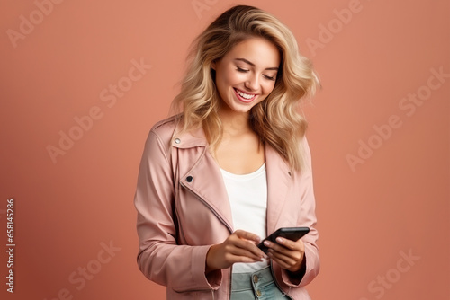 Young woman has pleasant smile and enjoys distant communication, uses mobile phone