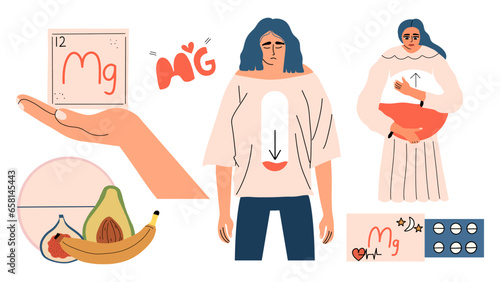  Magnesium deficiency and symptoms in a woman’s body and methods of treatment set. Vector illustration