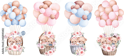 Watercolor illustration set of Teddy bear and balloons