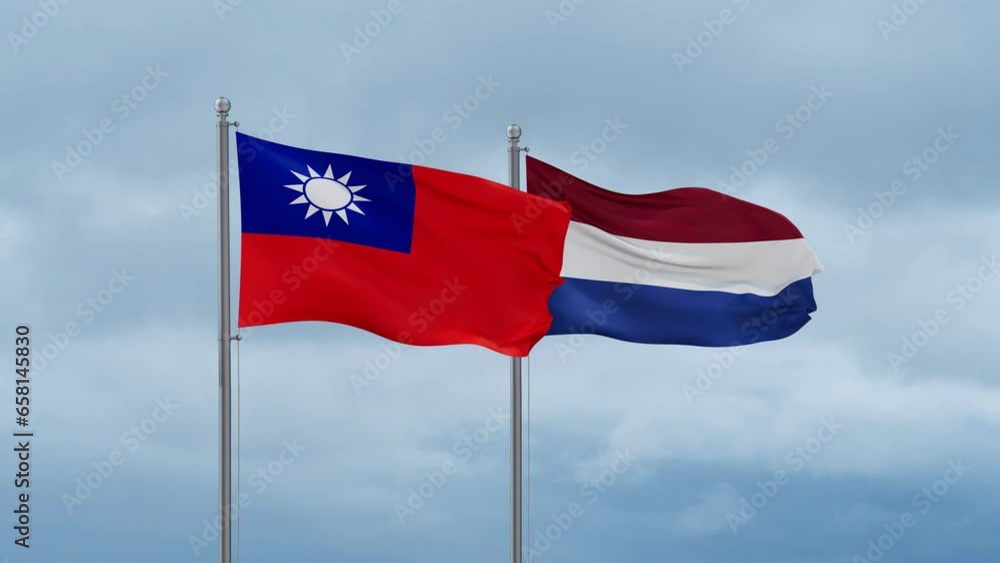 Netherlands flag and Taiwan flag waving together on cloudy sky, endless seamless loop, two country relations concept Netherlands flag and Taiwan flag waving together on cloudy sky, endless seamless loop, two country relations concept
