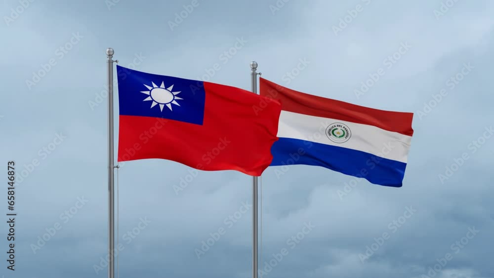 Paraguay flag and Taiwan flag waving together on cloudy sky, endless seamless loop, two country relations concept Paraguay flag and Taiwan flag waving together on cloudy sky, endless seamless loop, two country relations concept