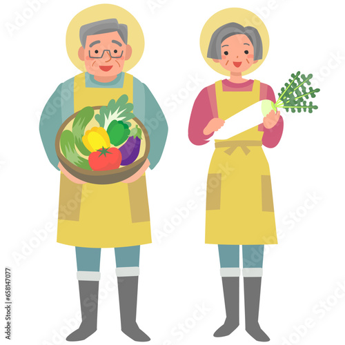 野菜の収穫をする笑顔のシニア夫婦