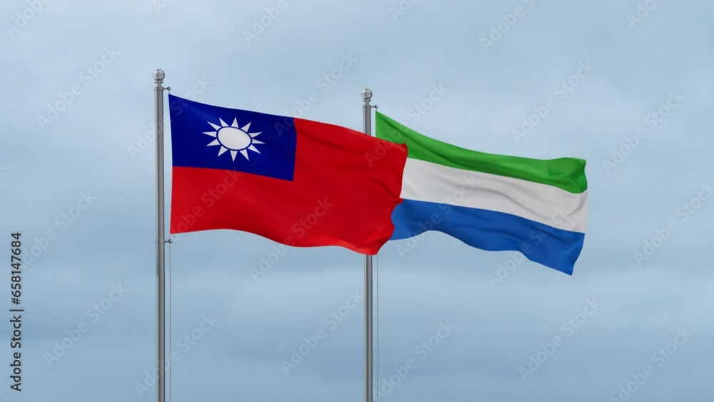 Sierra Leone or Salone and Taiwan flag waving together on cloudy sky, endless seamless loop, two country cooperation concept Sierra Leone or Salone and Taiwan flag waving together on cloudy sky, endless seamless loop, two country cooperation concept