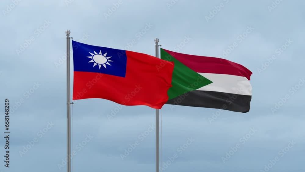 Sudan and Taiwan flag waving together on cloudy sky, endless seamless loop, two country cooperation concept Sudan and Taiwan flag waving together on cloudy sky, endless seamless loop, two country cooperation concept