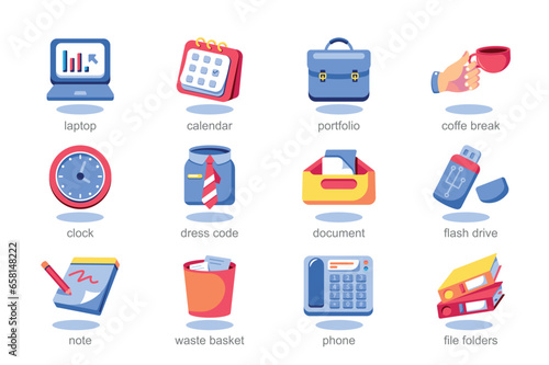 Icon set office in flat cartoon design. These whimsical icons feature various quirky office supplies, adding a touch of humor and creativity to any office-related project. Vector illustration.