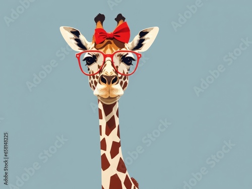 flat vector illustration of giraffe in glasses with red bow