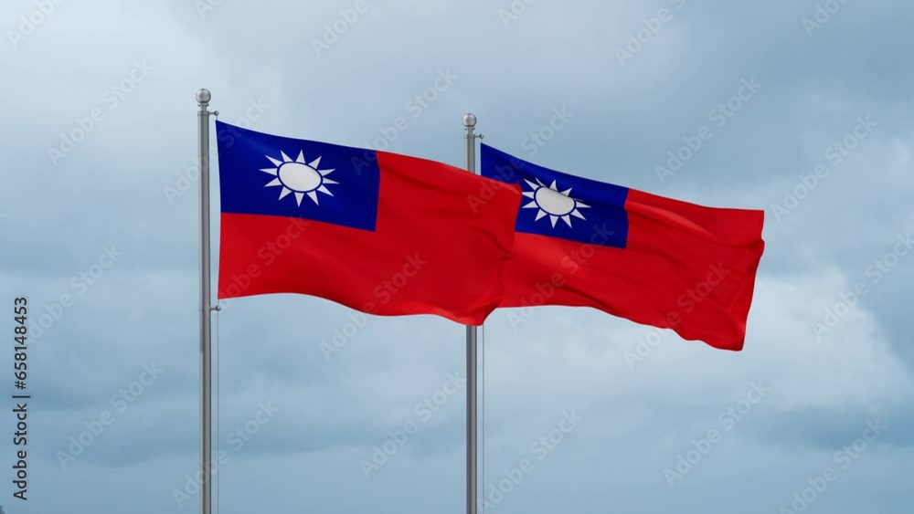 Two Taiwan flag waving together on cloudy sky, endless seamless loop, two country cooperation concept Two Taiwan flag waving together on cloudy sky, endless seamless loop, two country cooperation concept