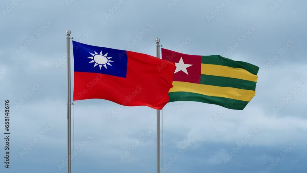 Togo, Togolese Republic and Taiwan flag waving together on cloudy sky, endless seamless loop, two country cooperation concept Togo, Togolese Republic and Taiwan flag waving together on cloudy sky, endless seamless loop, two country cooperation concept