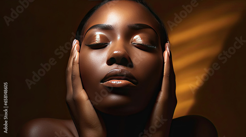 Black adult woman touch face with smooth healthy skin. Beauty and cosmetics skincare advertising concept. Generative Ai