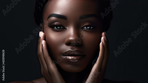 Black adult woman touch face with smooth healthy skin. Beauty and cosmetics skincare advertising concept. Generative Ai