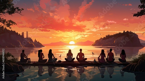 a wonderful landscape illustration at sunset  people watching the horizon.