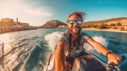 Cheerful handsome man driving a jet ski during summer vacation. Generative Ai © tong2530
