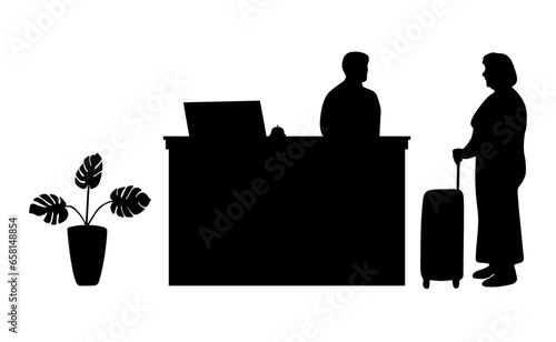  A elderly woman check in or check out at the hotel reception. Traveler full body silhouette. Elderly woman, senior with suitcase, tourist, travel. Black vector illustrations.