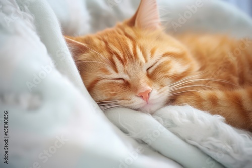 orange ginger cat sleeping on the bed on cozy white fluffy blanket