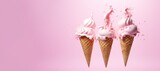 three ice cream cones on pink background banner 