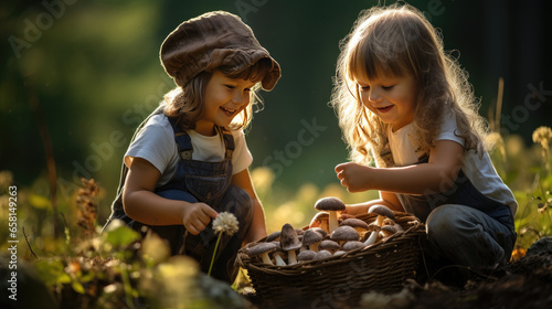 Children collect mushrooms in the forest.