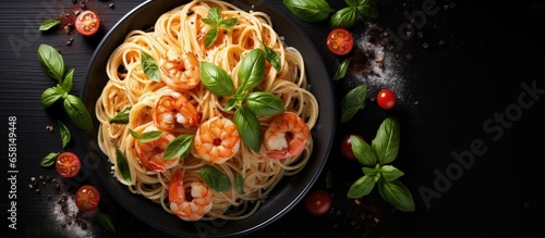 Seafood pasta spaghetti shrimp cream sauce basil black wooden table