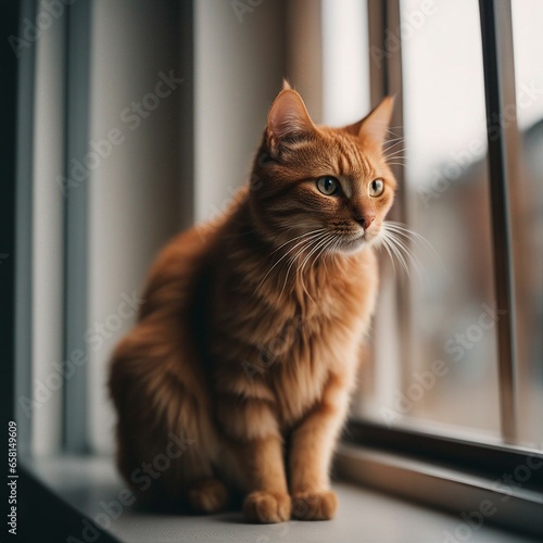 A ginger adult cat sits on the windowsill and looks out the window