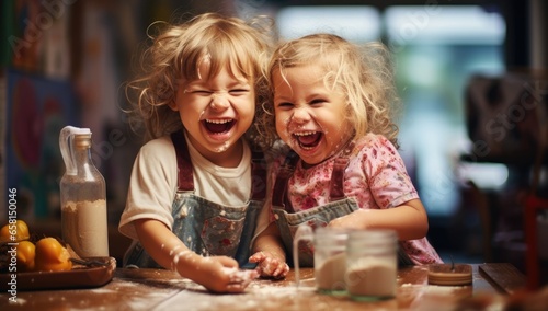 Twin sister cooking and playing with flour in the kitchen background.