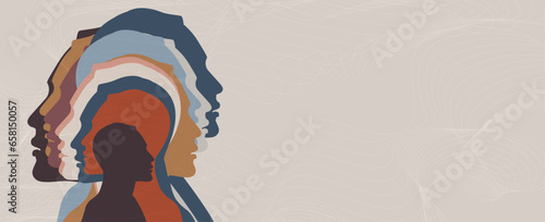 Mental health concept. Multiple overlapping heads silhouette.  Metaphor bipolar disorder mind mental. Split personality.Mood disorder.Psychology. Psychiatry.OurMindsMatter.Mental burnout