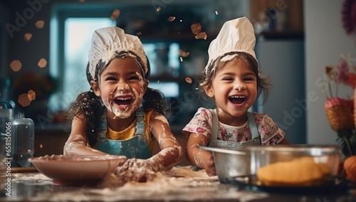 Twin sister cooking and playing with flour in the kitchen background. photo