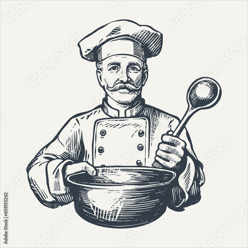Chef in uniform holding a spoon and bowl. Vintage woodcut engraving style vector illustration.