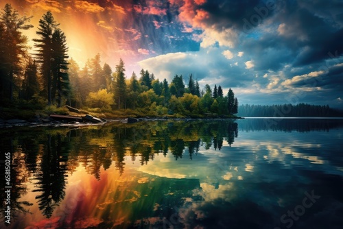 Bright color illustration - beautiful landscape early morning on a lake in the autumn forest, dawn, sunrise or sunset