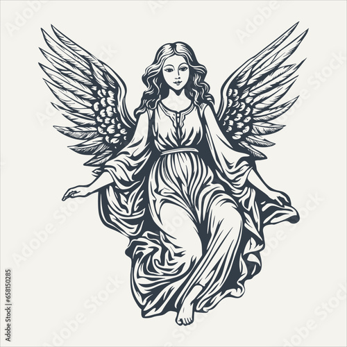Angel girl. Vintage woodcut engraving style vector illustration.	