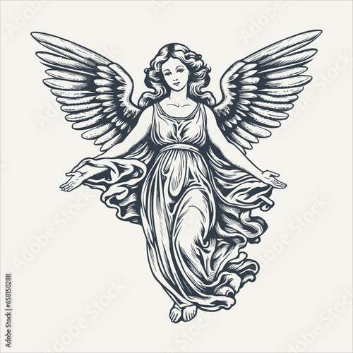 Angel girl. Vintage woodcut engraving style vector illustration.	