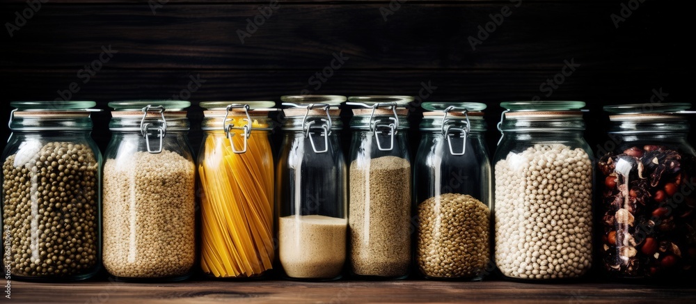 Variety of grains cereals and pasta in glass jars with kitchen utensils on wooden table Promoting health sustainability zero waste storage and eco friendly concept Variety of grains cereals and pasta in glass jars with kitchen utensils on wooden table Promoting health sustainability zero waste storage and eco friendly concept