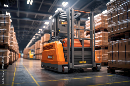 Automated Forklift doing storage in a warehouse managed by machine learning and artificial intelligence automation, robotics applied to industrial logistics © mozZz
