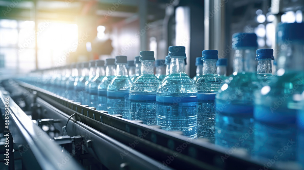 Drinking water are bottled in plastic bottles in a clean factory. Generative Ai