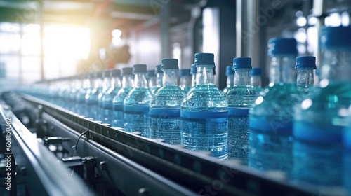 Drinking water are bottled in plastic bottles in a clean factory. Generative Ai
