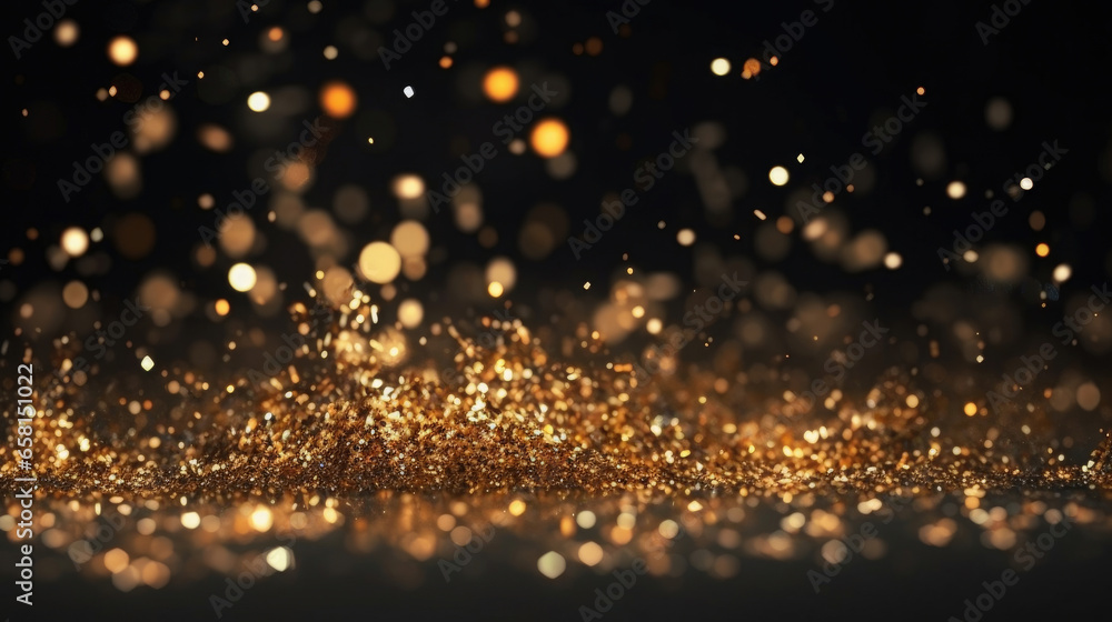 Naklejka premium Gold sparkle stars background with bokeh glitter explosion on a black background. Generative Ai