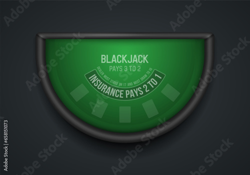 Black jack table with green cloth on dark background. Vector illustration.