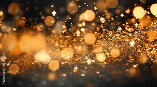 Gold sparkle stars background with bokeh glitter explosion on a black background. Generative Ai