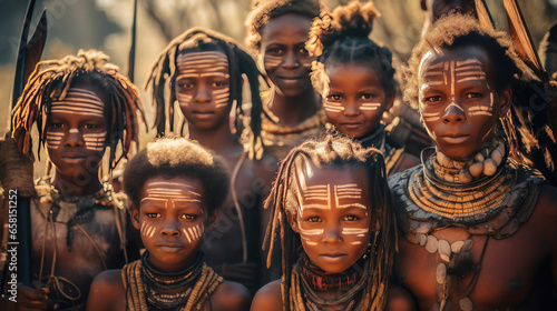 Group of People and children from african tribe complete with cultural tattoos, cosmetics and stone-wood spear weapons. Ethnic groups in Africa. Generative Ai photo