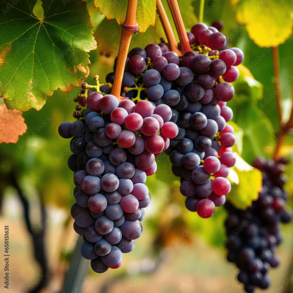 Fototapeta premium ripe red grape bunch on vine.